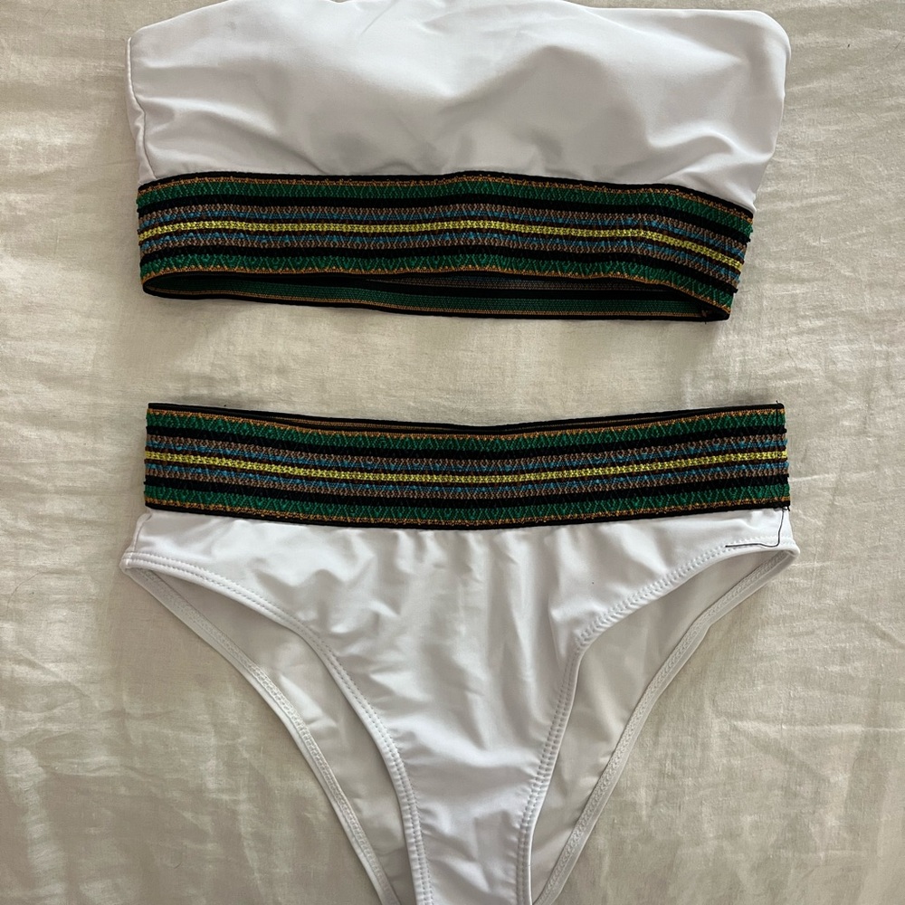 White Strapless Bikini with Green and Gold Accents